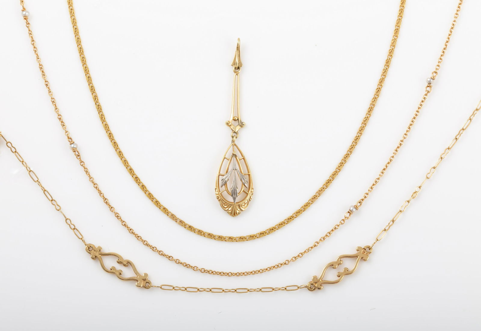 (4) 14KT YELLOW GOLD CHAINS AND DROP (1 of 5)