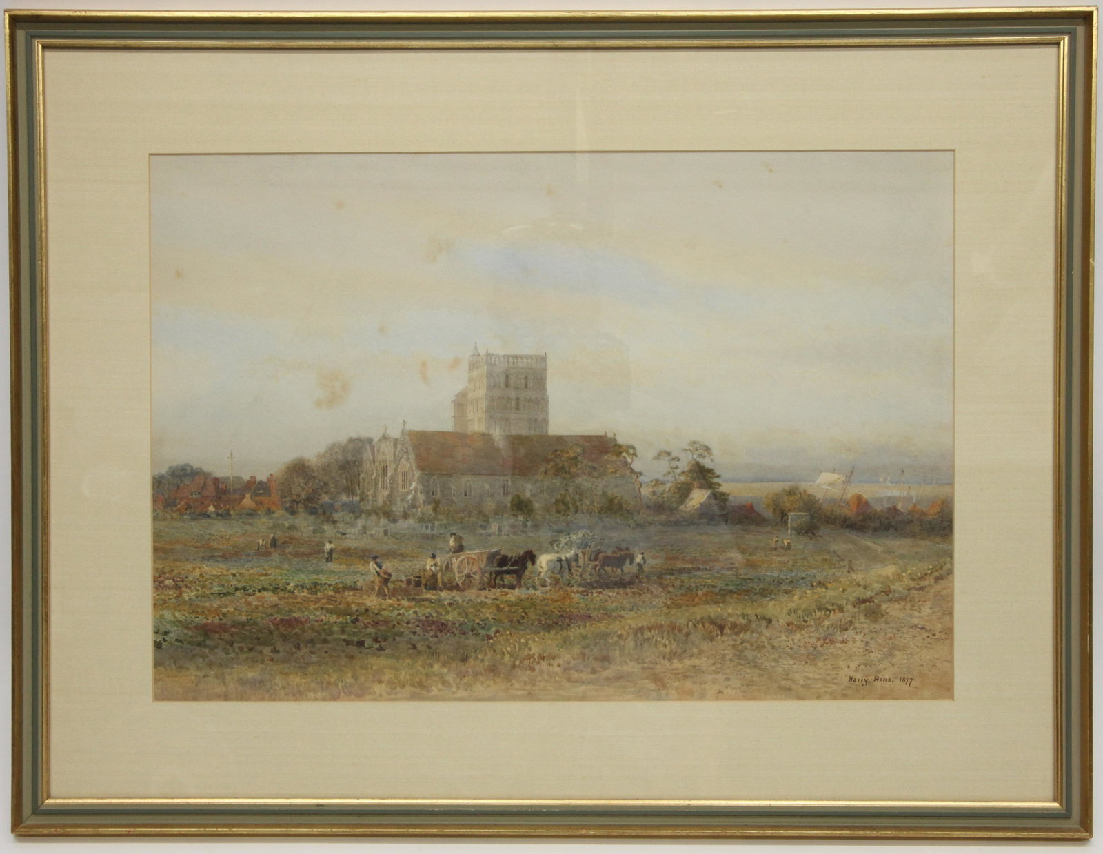HARRY HINE FARMING WATERCOLOR: Signed lower right, 1877; farmers and workers in field with church buildings in background; matted and framed; some foxing; 14" x 20", F-G