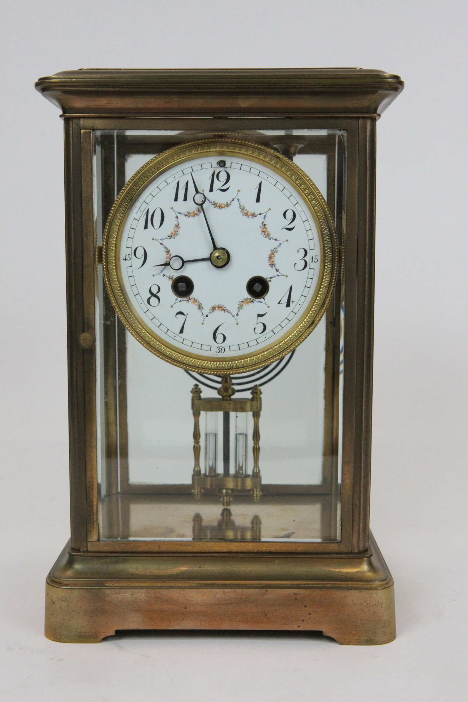 CRYSTAL REGULATOR CLOCK: French movement; Couaillet porcelain dial with floral drapery; winds, but doesn't keep running; normal wear; H-11", G-VG