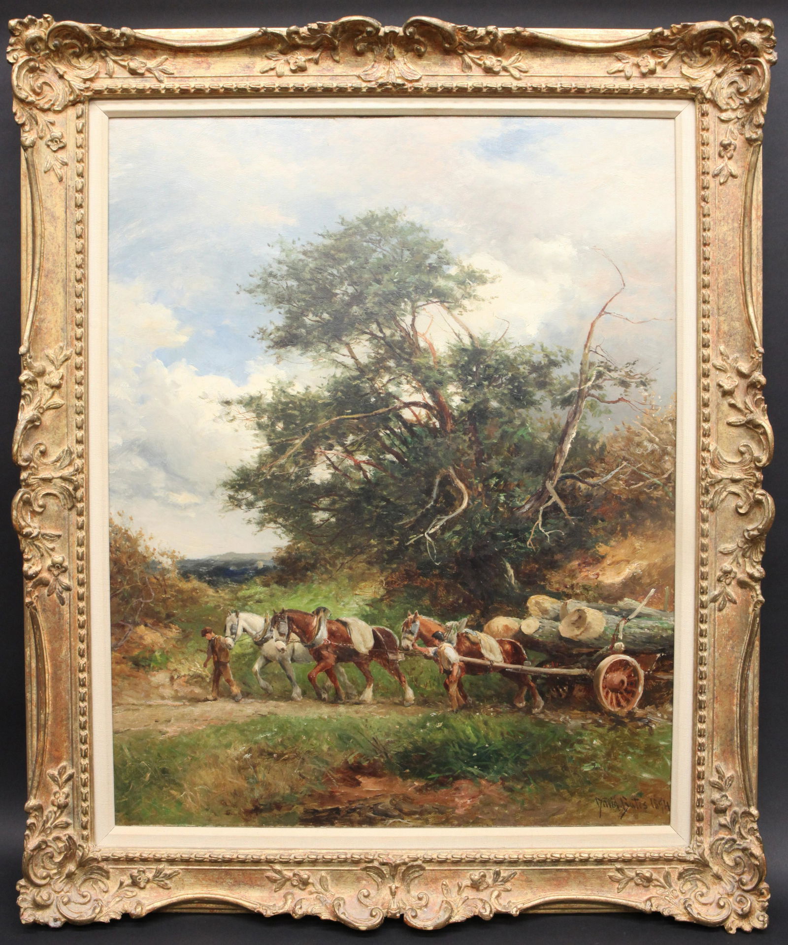 DAVID BATES TIMBER WAGON PAINTING: Oil on canvas; signed lower right; 1894; relined; gilt frame; normal wear; 30" X 24", G-VG
