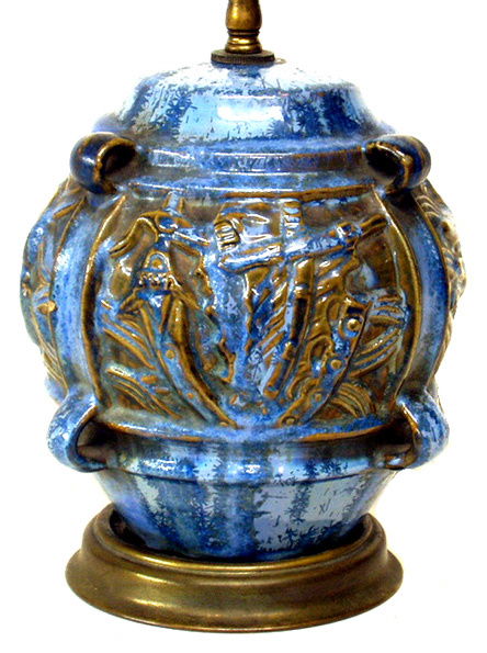 FULPER Rare Molded Fish Design Lamp Base: Blue high glazes; unmarked; small flake on side; factory fittings; 8" (pottery height); 21 ¼" (overall)