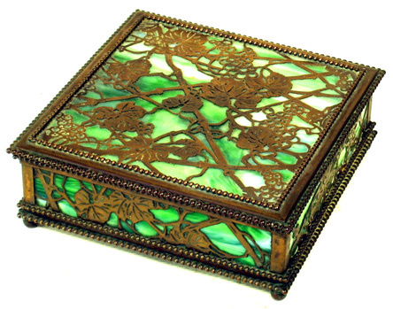RIVIERE STUDIOS Bronze and Slag Glass Box: Grapevine pattern with green slag glass; two damaged panels; unmarked; 7" (square); 2 ½" (height)