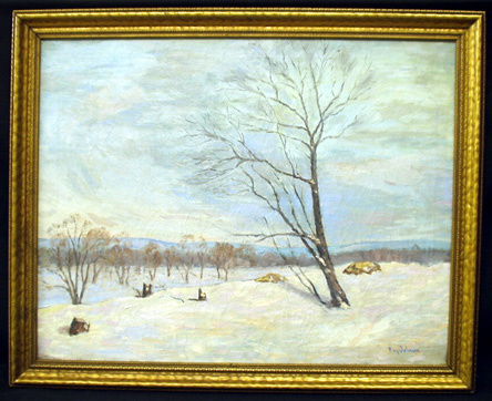 RAY JOHNSON Winter Landscape Painting: Oil on canvas; signed lower right; framed; 22" x 28"