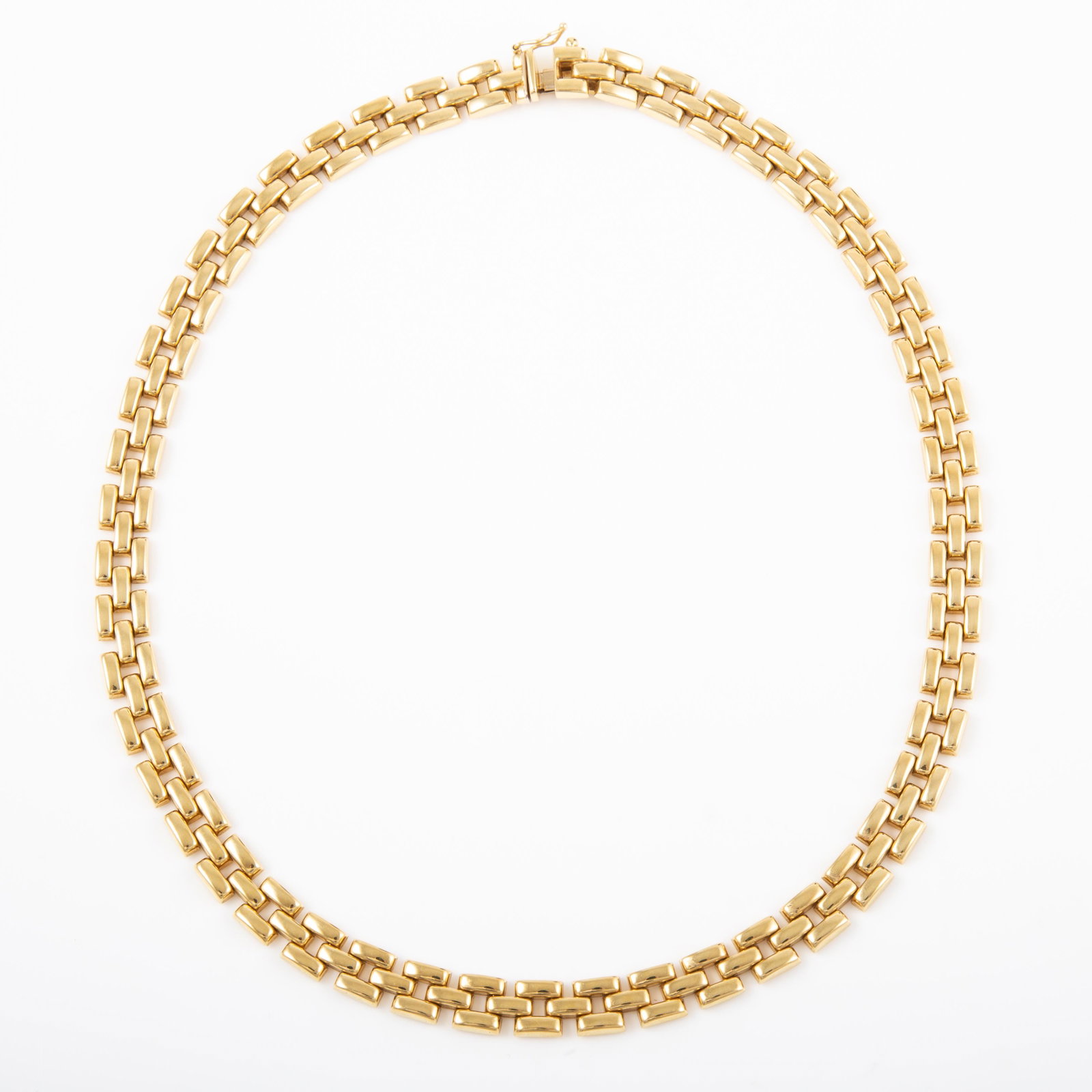 GOLD NECKLACE / CHOKER: 18K yellow gold flat square link; Italy; L-16 1/2", [28.3 dwt], VG-EX