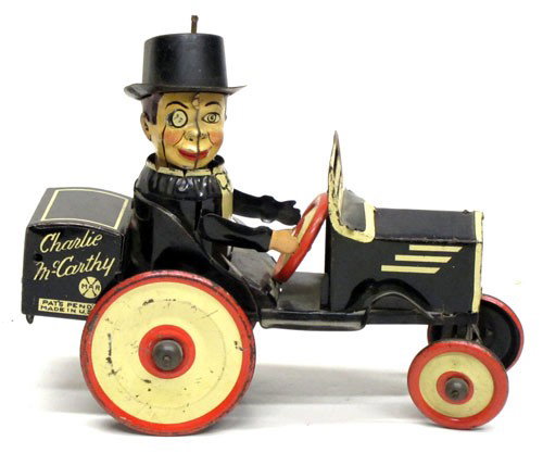 MARX CHARLIE McCARTHY WIND-UP: Works, litho tin; very minor scratches; paint loss mostly around edges of wheels; L-7", VG-EX