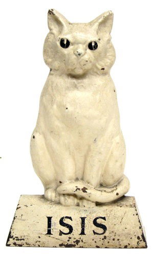 CAT DOORSTOP "ISIS": Painted cast iron, old repaint; crazing on cat; some paint chips, mostly around edges and base; H-13", G