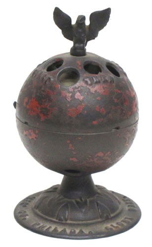 GLOBE MECHANICAL BANK: Painted cast iron; paint loss and wear; H-5", F