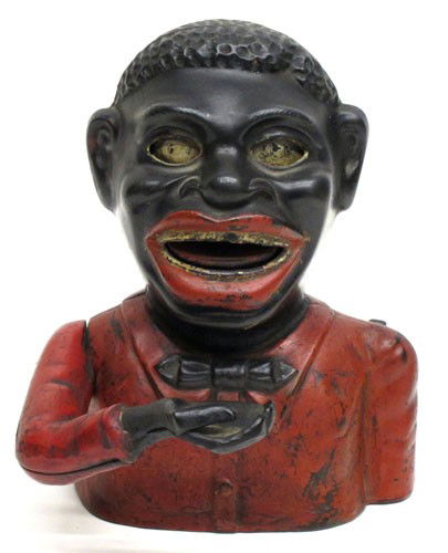 JOLLY N MECHANICAL BANK: Painted cast iron; normal wear and scratches; eyes overpainted; H-6 1/2", G-VG