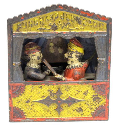 PUNCH & JUDY MECHANICAL BANK: Painted cast iron; paint loss and wear; H-7 1/2", F-G