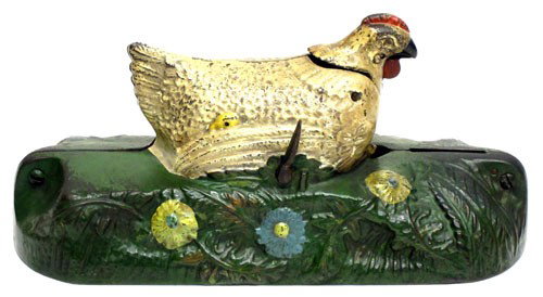 HEN & NEST MECHANICAL BANK: Painted cast iron; some repaint; normal wear; missing trap; interior rust; L-10", G