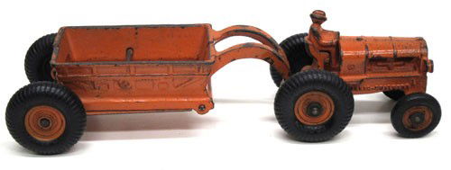 ARCADE ALLIS-CHALMERS TRACTOR & WAGON: Dump body; cast iron; painted; rubber wheels; some paint loss, mostly around edges; L-12 1/2", VG