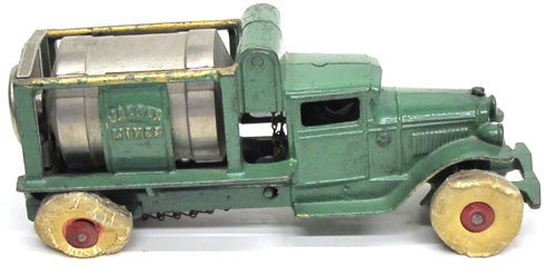 KENTON JAEGER MIXER TRUCK: Painted cast iron and nickel plated; very minor paint chips; tires deteriorated and missing; L-9 1/2", G-VG