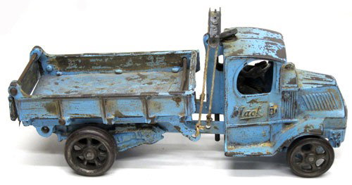 MACK DUMP TRUCK: Arcade cast iron; painted blue; metal tires; paint loss all over; some rust and repaint; L-12", F-G