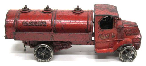 ARCADE MACK GASOLINE TANK TRUCK: 1925, painted red with "gasoline" embossed on tank and "American Oil Co.", paint loss and scratches all over; L-13 1/4", G