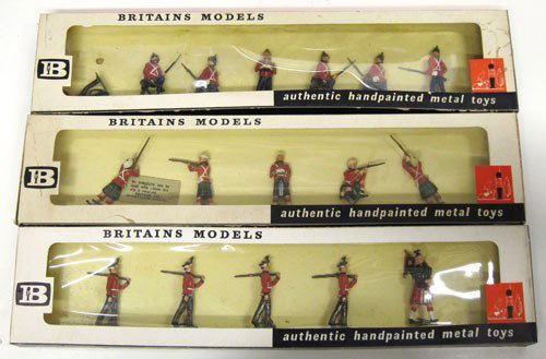 BRITAINS BOXED FIGURES (3) SETS: #9133 Argyll & Sutherland (5) pieces, #9145 Royal Scots (5) pieces, #9143 Somerset Light Infantry (7) pieces; original boxes; original tie-downs; minor wear and tear on boxes; EX-NM
