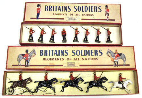 BRITAINS BOXED FIGURES (2) SETS: #1633 Canadian Light Infantry (8) pieces, original box, new tie-downs; #1349 Royal Canadian Mounted Police, original box, original tie-downs; some chips; minor wear and tear and tape on boxes; G-VG