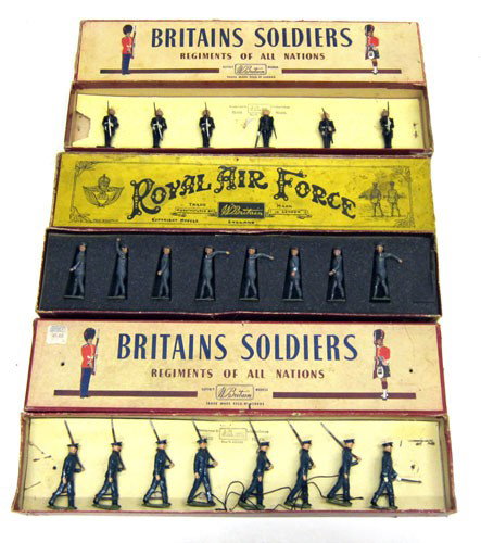 BRITAINS BOXED FIGURES (3) SETS: #2073 Royal Air Force (8) pieces, original box, original tie-downs; #2071 Royal Marines, (7) pieces, original box, original tie-downs; #240(?) Royal Air Force (8) pieces, original box, in foam; some c