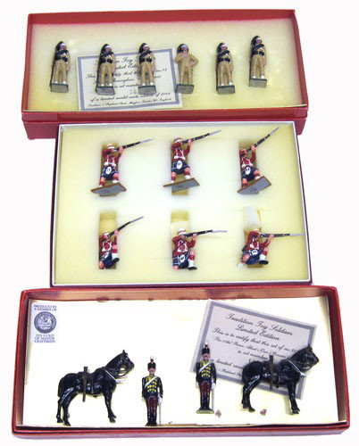 TROPHY MINIATURES & TRADITION BOXED FIGURES: (3) sets, #HLS2 Trophy Miniatures The Firing Set, (6) pieces, original box, in foam; #36b Tradition Prince Albert's Own, original box, loose in box, (4) pieces; #72 Tradition Italian Bersaglieri (6) p