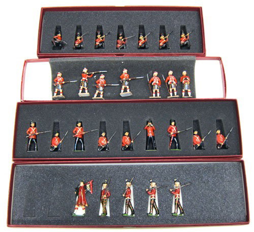 (4) BRITAINS BOXED FIGURE SETS: #120 Coldstream Guards, (7) pieces; #212 Royal Scotts, (5) pieces; #17 Somerset Light Infantry, (9) pieces, custom boxes, in foam; #17 Somerset Light Infantry, (7) pieces, custom box, loose on foam;