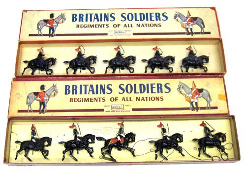 (2) BRITAINS BOXED FIGURES: #1343 The Horse Guards, (5) pieces, original box, loose in box; #2 The Royal Horse Guards (5) pieces, original box, original tie-downs; some flaking, box wear and tear; G-VG