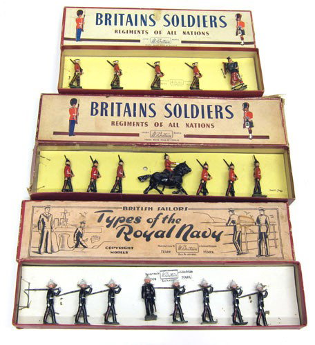 (3) BRITAINS BOXED FIGURES: #212 Royal Scots (5) pieces; #35 Royal Marines (8) pieces; #36 Royal Sussex (7) pieces; original boxes; original tie-downs; very minor flaking; some box wear and tear; G-VG