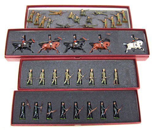 (4) BRITAINS BOXED FIGURES: #1554 Royal Canadian Mounted Police (16) pieces, custom box, loose on foam; #160 Territorial Infantry (8) pieces; #197 Gurkha Rifles (8) pieces; #46 10th Bengal Lancers (5) pieces; custom boxes, in fo