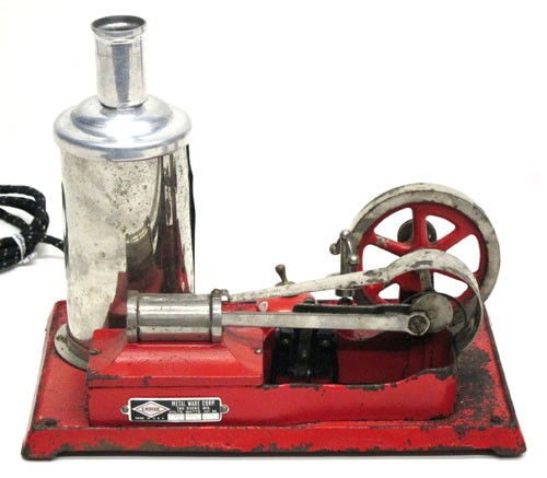 EMPIRE MAGNETIC ELECTRIC ENGINE: Electric, vertical boiler, U.S.A., retains plaque, normal paint wear and pitting, H-9", base 11 1/2" x 7", G-VG