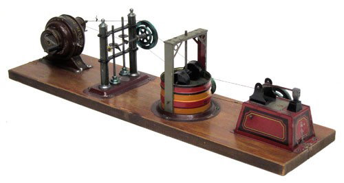 HESS DYNAMOBIL FLYWHEEL MILL TOY: circa 1900, includes flywheel, drop hammer #60, grinder #61, drop hammer #62; Germany; original box has lid and apron loss; H-5", base 18" x 4 1/2", EX-NM