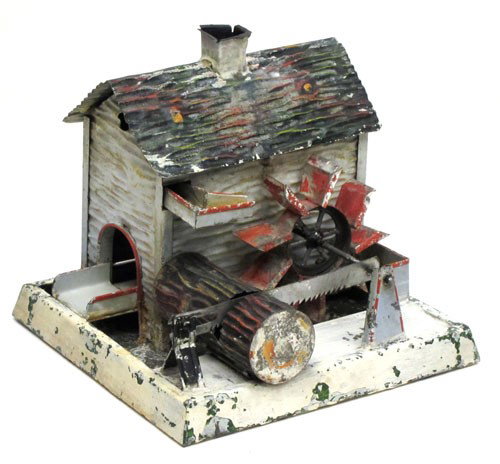 DOLL STEAM ATTACHMENT: Germany, saw mill #705; painted metal; repainted; base and minor in-paint; H-6", L-6 1/2" x 6 1/2", F-G