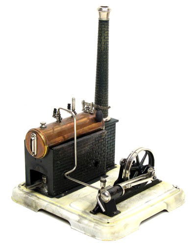 MARKLIN STEAM ENGINE #4093/5: in original cardboard box; Germany; horizontal boiler; has burner; normal wear; base crazed; H-13", base 9 1/2" x 8 1/2", VG-EX