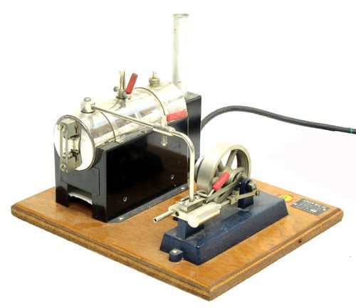 JENSEN STEAM ENGINE: Electric; Style #25 Engine; Jeannette PA U.S.A.; horizontal boiler; original cardboard box;H-8", base 9 1/2" x 11", VG-EX