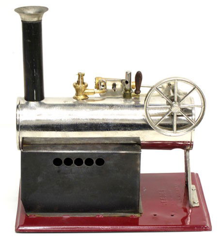 WEEDEN STEAM ENGINE #312: U.S.A., horizontal boiler; U.S.A., repainted base; polished border; missing burner; H-9", 8 1/2" x 5 1/2", G