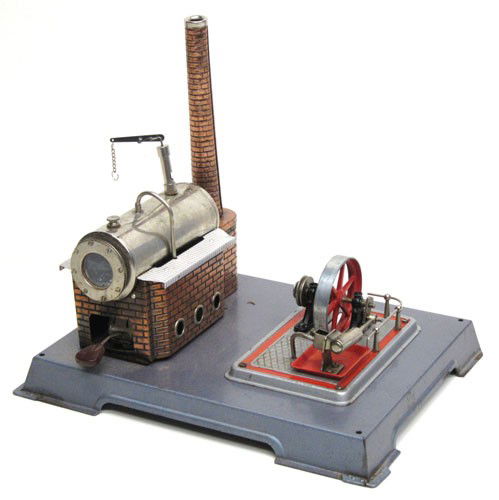 WILESCO STEAM ENGINE D-12: Germany; horizontal boiler; has burner; fitting off of boiler; can be repaired; H-11", base 9" x 12", G