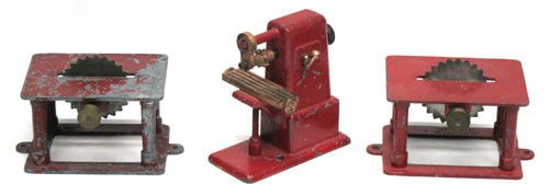 (3) JENSEN STEAM ATTACHMENTS: USA (2) table saws, drill press; painted metal; normal wear; about 1/3 paint missing from one table saw; L-2 1/2", F-VG