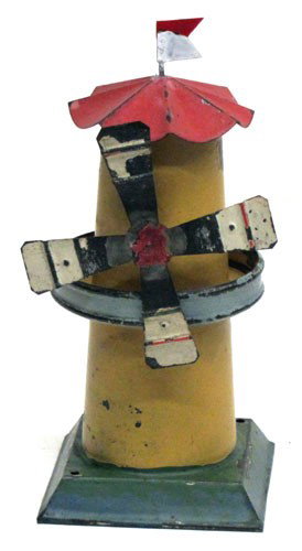 WINDMILL STEAM ATTACHMENT: Unknown maker; painted metal; some paint wear and replaced flag; L-6 1/2"