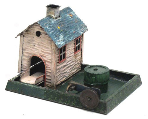 DOLL STEAM ATTACHMENT: Germany, mill with fountain; painted metal; replacement parts; repaint; H-5", base 8" x 6", F