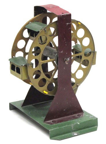 STEAM ATTACHMENT: Germany, cabin Ferris wheel; unknown maker; painted metal; some scratches and paint loss; H-7", base 6 1/2" x 4", F-G