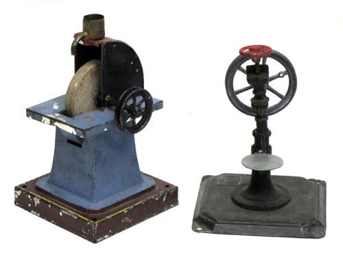 BING STEAM ATTACHMENTS (2): Germany, hooded grinder, drill press; painted metal; minor paint chips and scratches; H-4 1/2"-5", G-VG