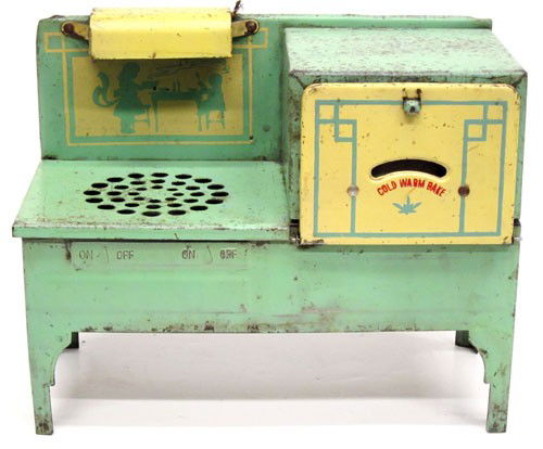 EMPIRE CHILD'S STOVE #1205: U.S.A. Electric, with light; painted metal; inside of oven has some rust; door wont stay closed; scratches and paint loss all over; H-8", L-10", F-G