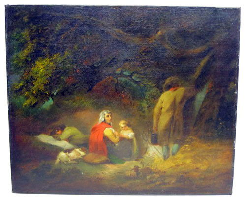 JARVIS GYPSY CAMP PAINTING OIL ON CANVAS: Labeled on reverse, John Wesley Jarvis; pictured in "Winn and Jarvis Family Tree Book", "Little Mary Jarvis in the Gypsies Camp, painted by her father J. W. J."; book accompanies painting; relined; 25