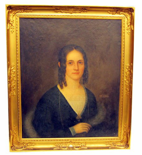 THOMAS SULLY PORTRAIT: Portrait of young woman; wearing brooch; oil on canvas; signed T.S. 1849; ornate gilt frame; 30" x 25", G-VG