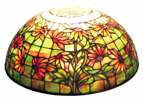 TIFFANY STUDIOS SUNFLOWER SHADE: Stamped Tiffany Studios NY 1447, sunflower leaded glass shade, 5-7 small stress cracks, 15 1/2" Dia.
