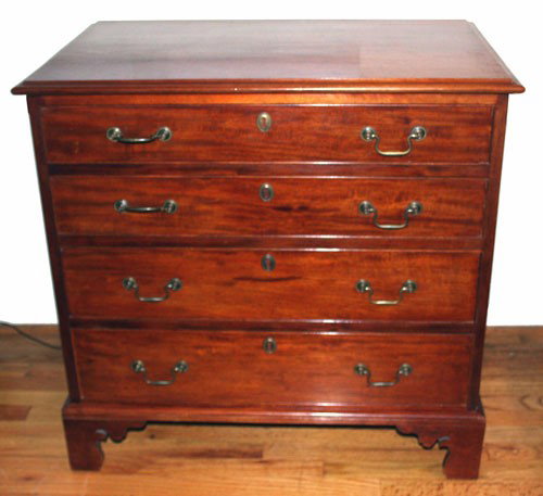 WILLIAM WEAVER CHIPPENDALE CHEST: Mahogany, cabinet made; four drawers; straight bracket feet; H-31", W-32", VG-EX
