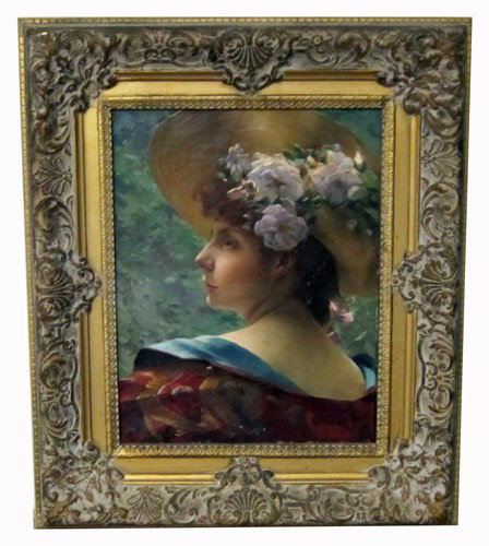 PORTRAIT OF YOUNG WOMAN OIL ON CANVAS: Signed illegibly and dated 1891, gilt frame; some lower paint flaking; 14" x 11", G