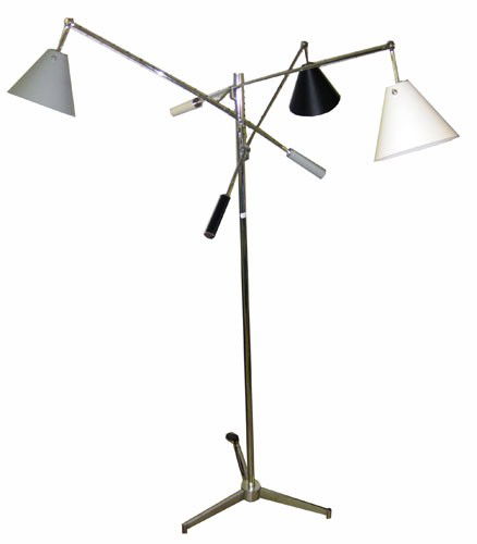 SARFATTI FLOOR LAMP FOR ARTELUCE: Unsigned; chrome; tin conical shades; (1) socket replaced; H-62", Arm L-37", VG-EX