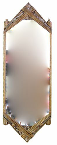 PAUL KISS DECO MIRROR: Paris, gold and metal, gilt decorated; iron open work; beveled mirror has minor spotting; finish wear; H-34 1/2", W-12", G-VG