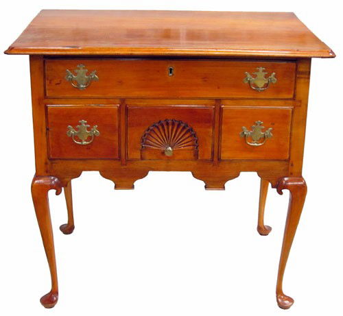 QUEEN ANNE CHERRY LOWBOY: Provenance: Samuel Riddle estate, original brass hardware, cabriole legs on pad feet; fan carved front; two board top; H-30", L-32", G-VG