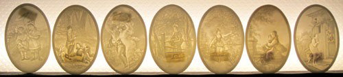 (7) LITHOPHANES: Small oval, children, young women, (1) classical; H-3 3/4", G-VG