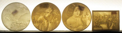 (8) LITHOPHANES: All small; children, courtship, cherub, young women, (2) scenic; H-2 1/4" - 3 3/4", G-VG