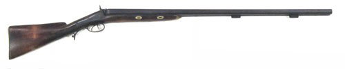 ELWELL PERCUSSION SHOTGUN: Double barrel, large gauge; brass inlaid box; (1) hammer missing; missing rod wear; L-54", F-G